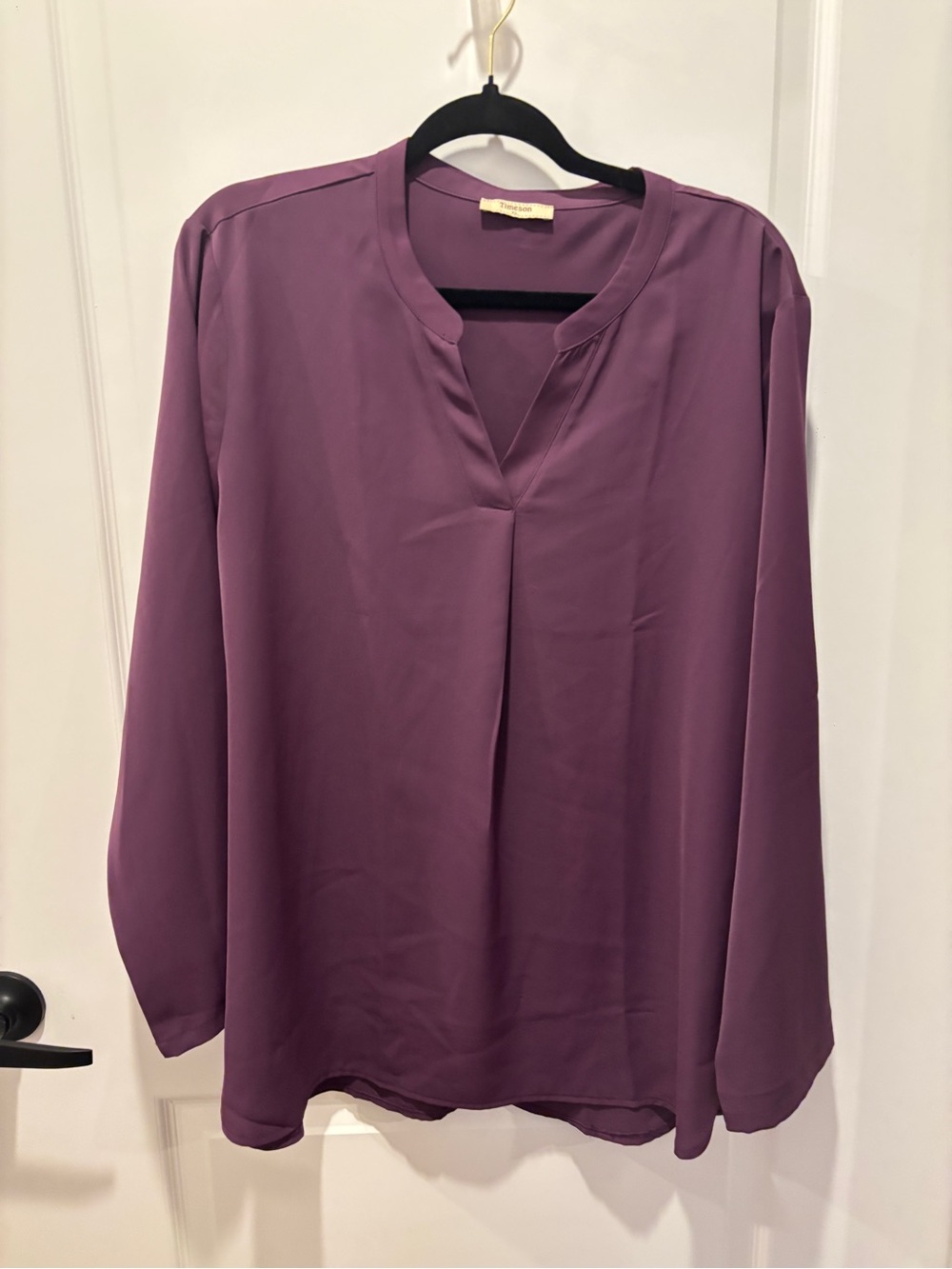 Plum Notch-Neck Long Sleeve Blouse